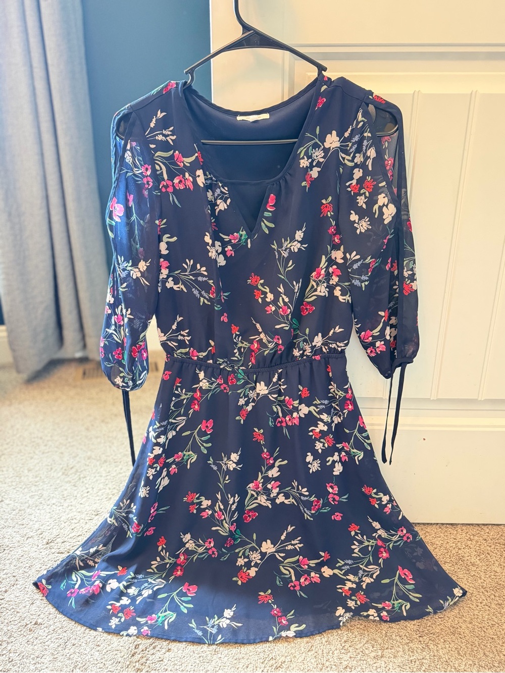 Maurices Navy Floral Cold Shoulder 3/4 Sleeve Dress | Women’s XS